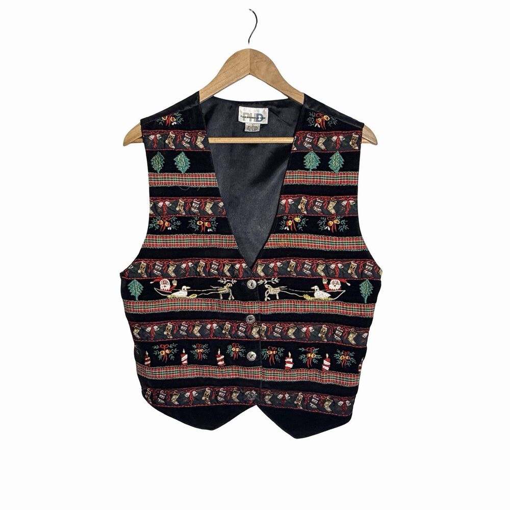 Paul Harris Design Vest Black Women's Large Christmas Embroidered Santa Reindeer